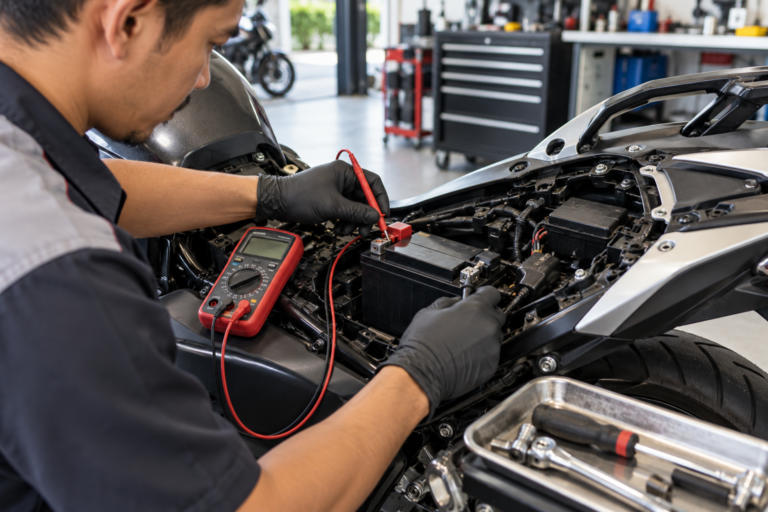 Mechanic testing a motorcycle battery