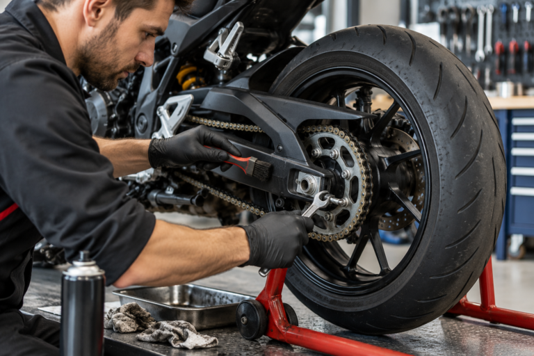 Mechanic cleaning and adjusting a motorcycle chain