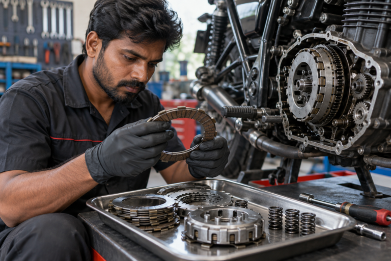 Mechanic inspecting motorcycle clutch components