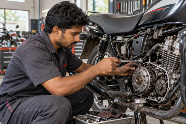 Motorcycle mechanic repairing an engine