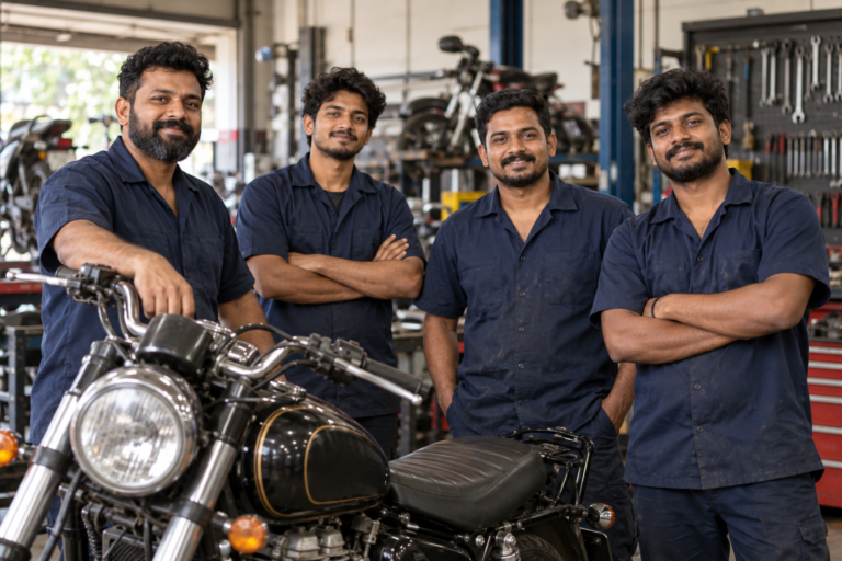 Illustrative motorcycle service team in a workshop