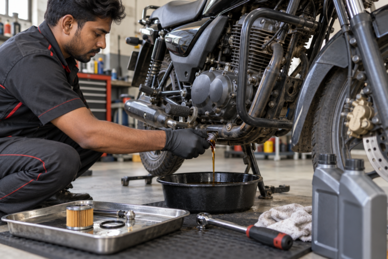 Motorcycle mechanic performing an oil change