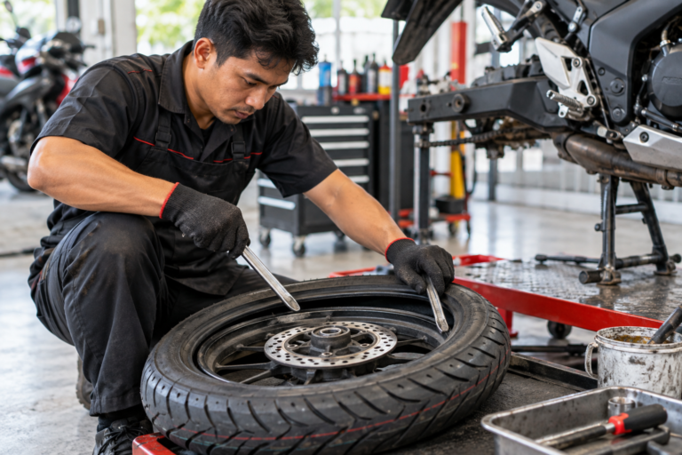 Mechanic changing a motorcycle tyre